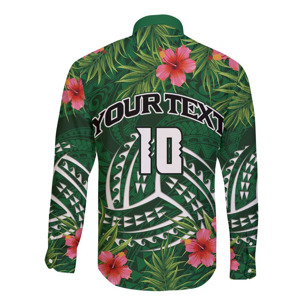 Custom Hawaii Volleyball Long Sleeve Button Shirt Kakau Abstract and Tropical Plants Green Color - Polynesian Pride
