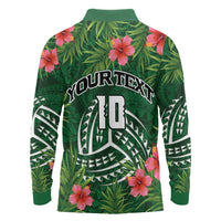 Custom Hawaii Volleyball Long Sleeve Polo Shirt Kakau Abstract and Tropical Plants Green Color - Polynesian Pride