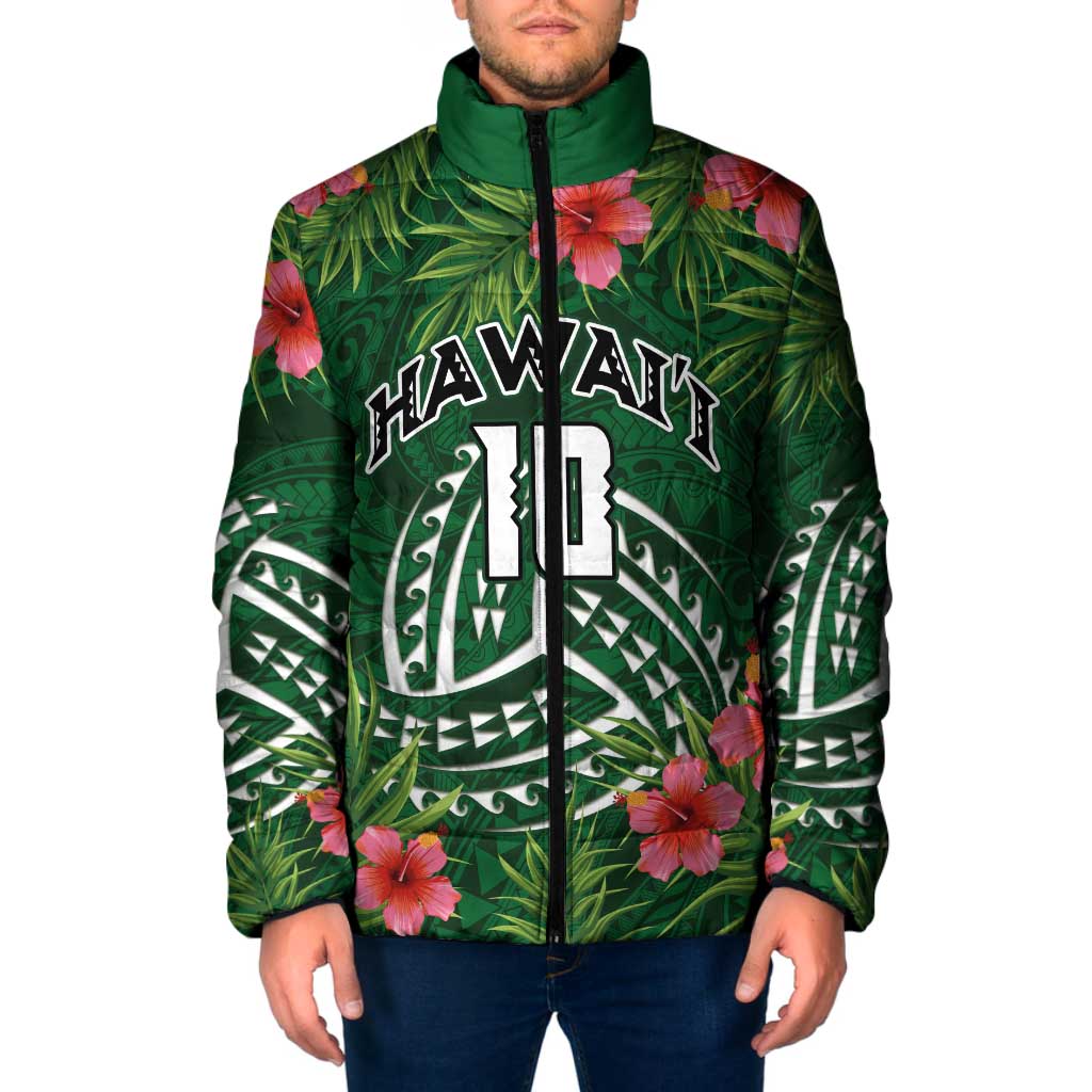 Custom Hawaii Volleyball Padded Jacket Kakau Abstract and Tropical Plants Green Color - Polynesian Pride