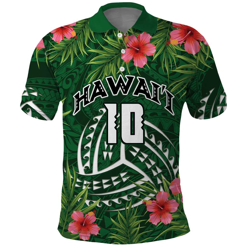 Custom Hawaii Volleyball Polo Shirt Kakau Abstract and Tropical Plants Green Color - Polynesian Pride