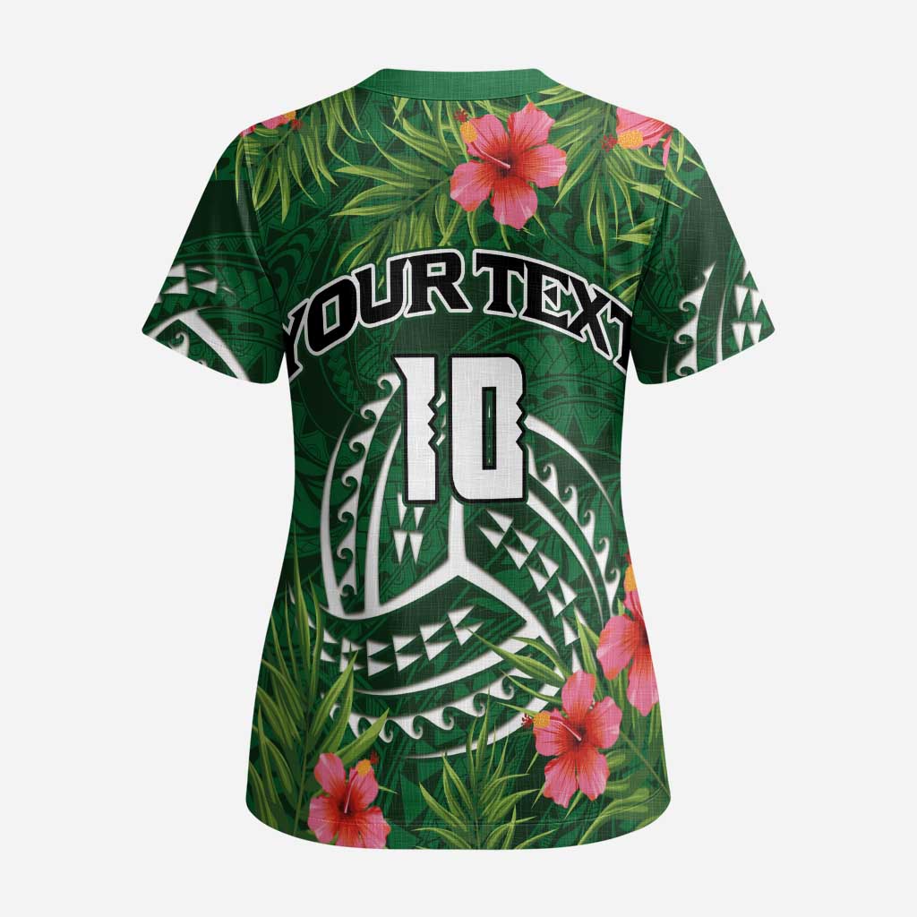 Custom Hawaii Volleyball Scrub Top Kakau Abstract and Tropical Plants Green Color - Polynesian Pride