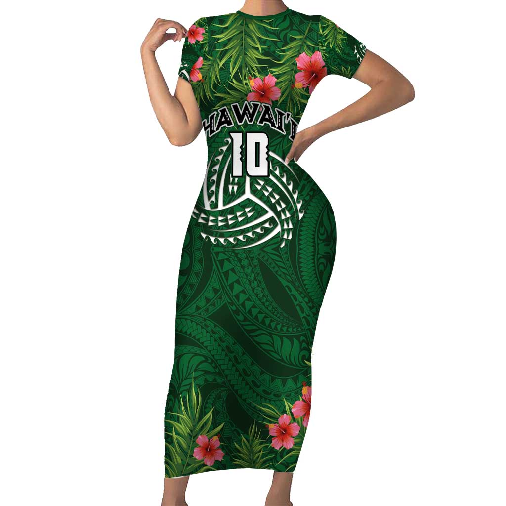 Custom Hawaii Volleyball Short Sleeve Bodycon Dress Kakau Abstract and Tropical Plants Green Color - Polynesian Pride