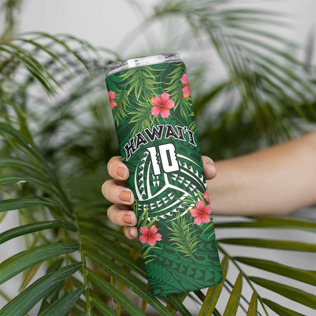 Custom Hawaii Volleyball Skinny Tumbler Kakau Abstract and Tropical Plants Green Color - Polynesian Pride