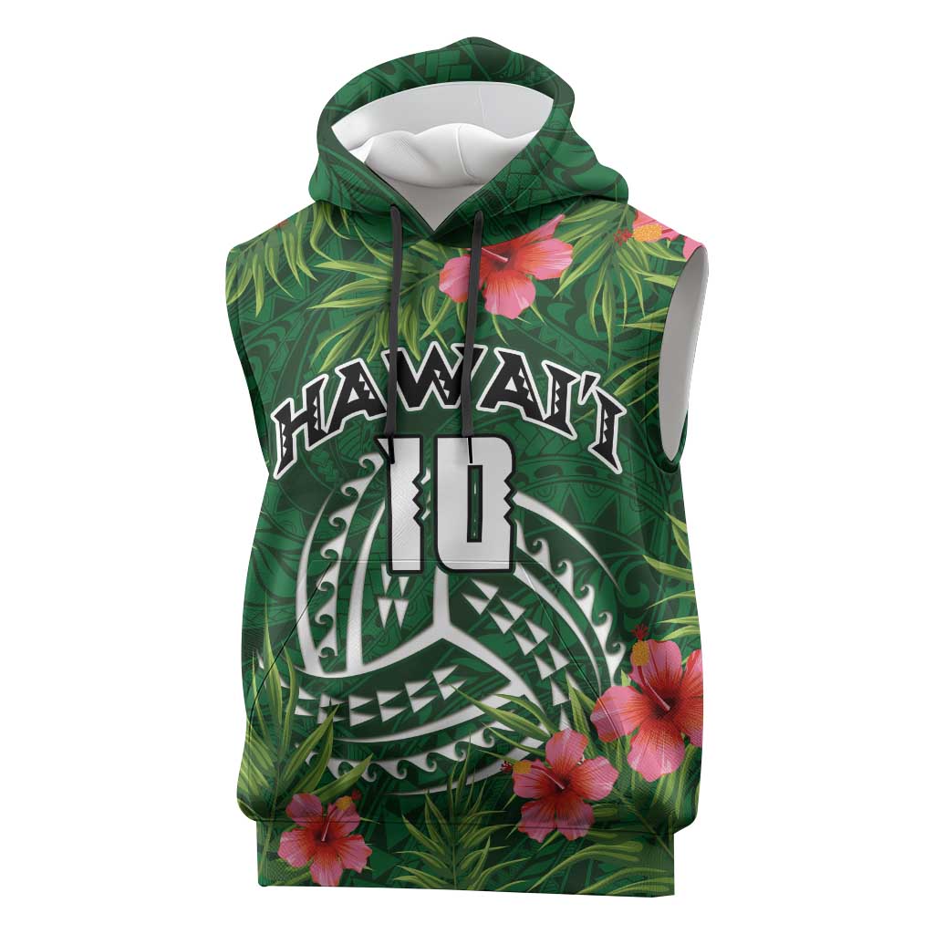 Custom Hawaii Volleyball Sleeveless Hoodie Kakau Abstract and Tropical Plants Green Color - Polynesian Pride