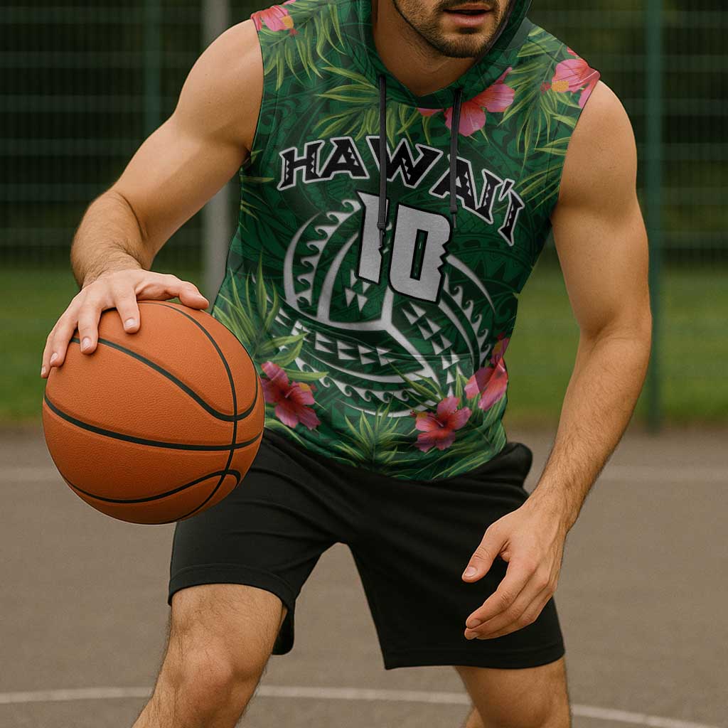 Custom Hawaii Volleyball Sleeveless Hoodie Kakau Abstract and Tropical Plants Green Color - Polynesian Pride