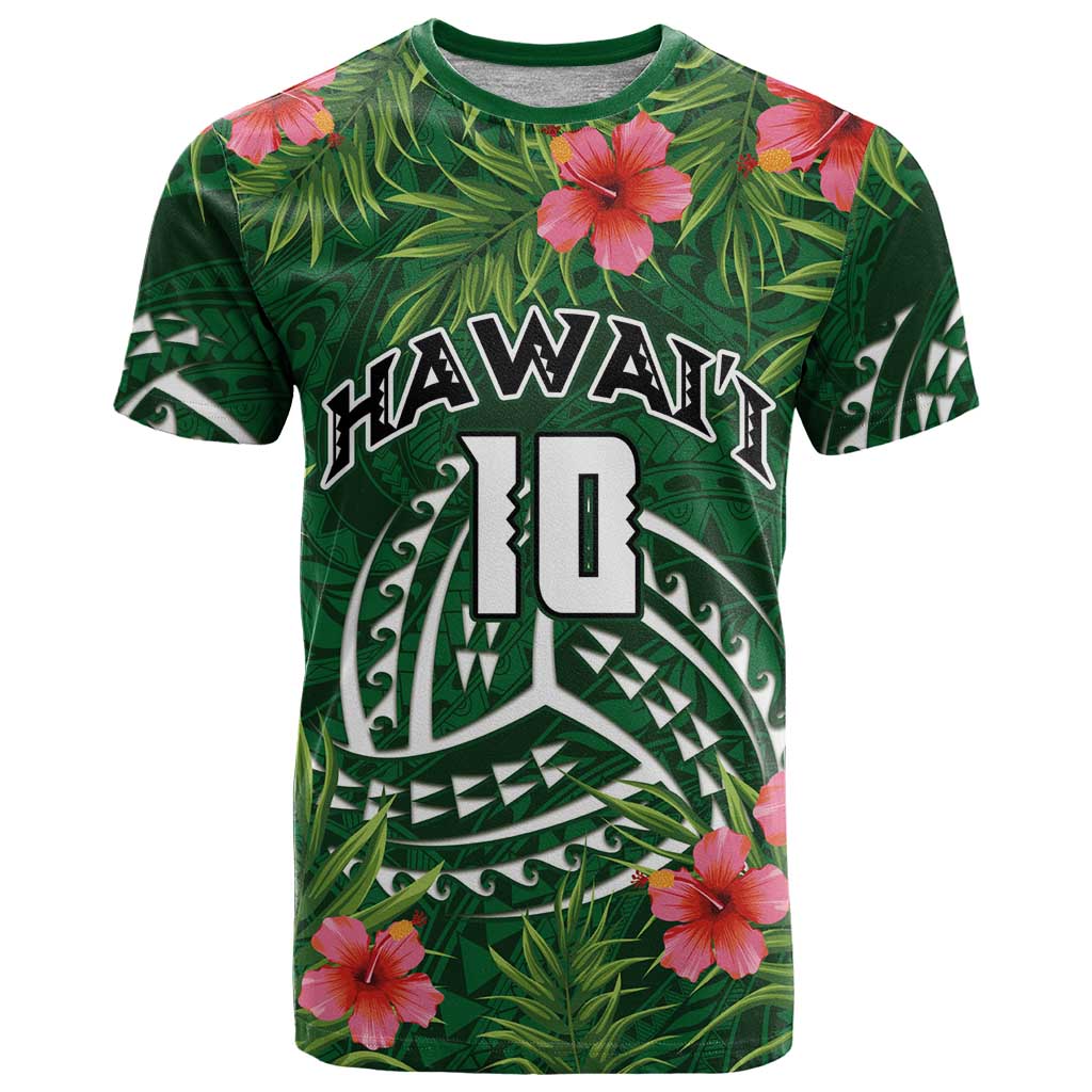 Custom Hawaii Volleyball T Shirt Kakau Abstract and Tropical Plants Green Color - Polynesian Pride