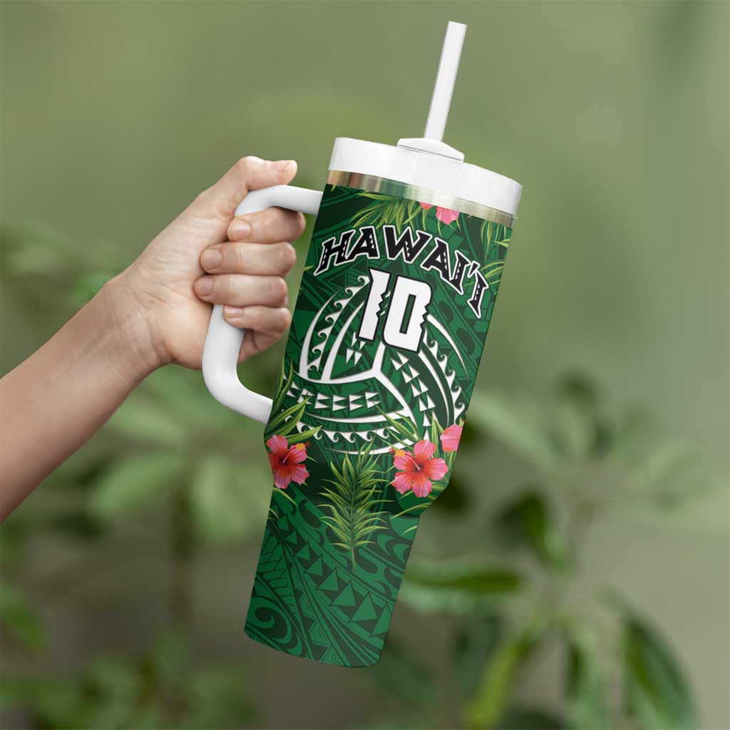 Custom Hawaii Volleyball Tumbler With Handle Kakau Abstract and Tropical Plants Green Color - Polynesian Pride