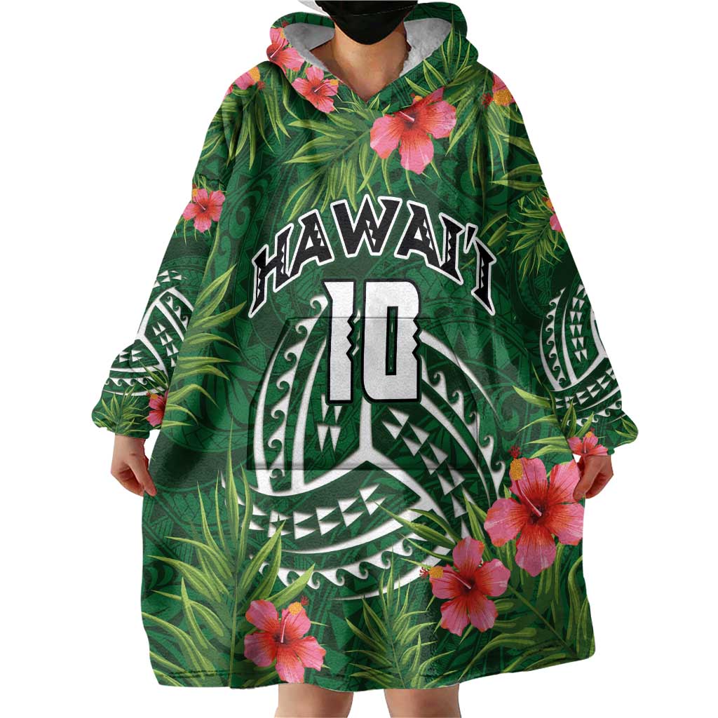 Custom Hawaii Volleyball Wearable Blanket Hoodie Kakau Abstract and Tropical Plants Green Color - Polynesian Pride