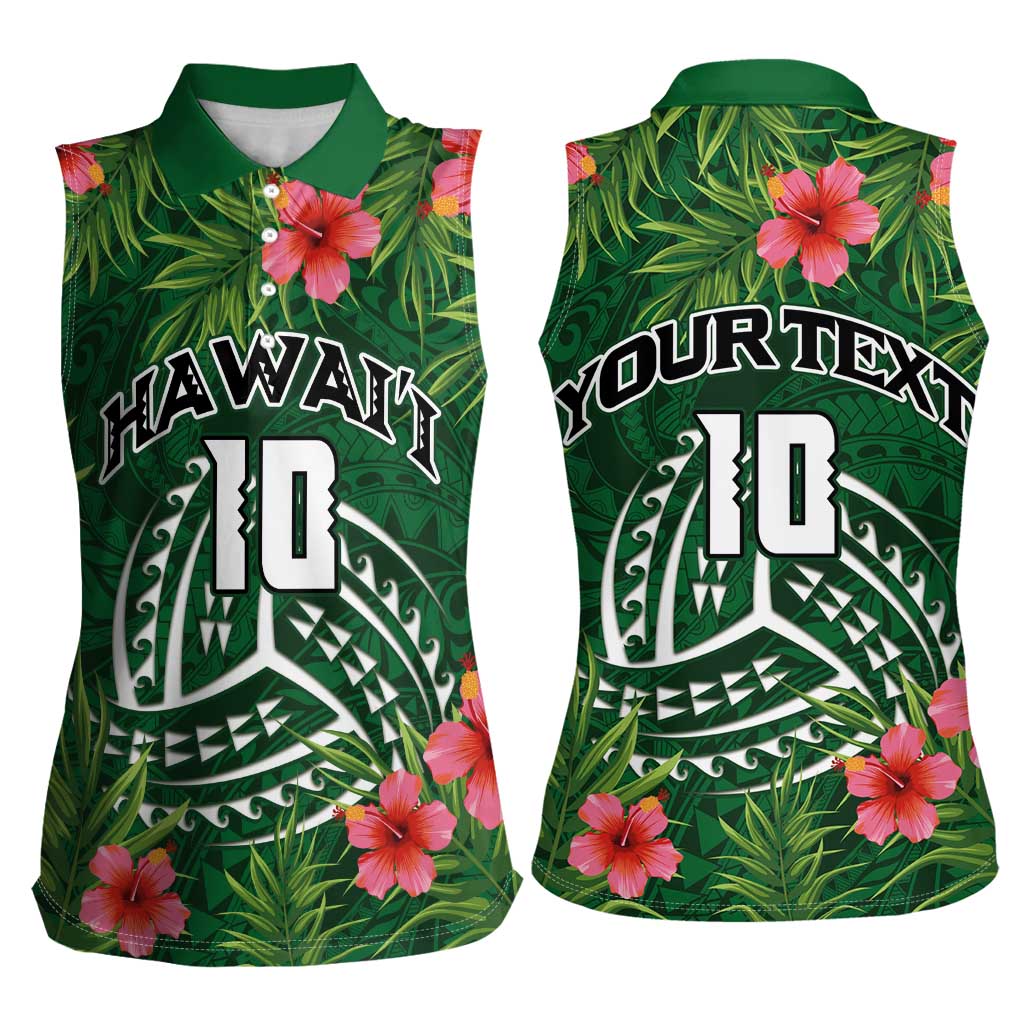 Custom Hawaii Volleyball Women Sleeveless Polo Shirt Kakau Abstract and Tropical Plants Green Color - Polynesian Pride