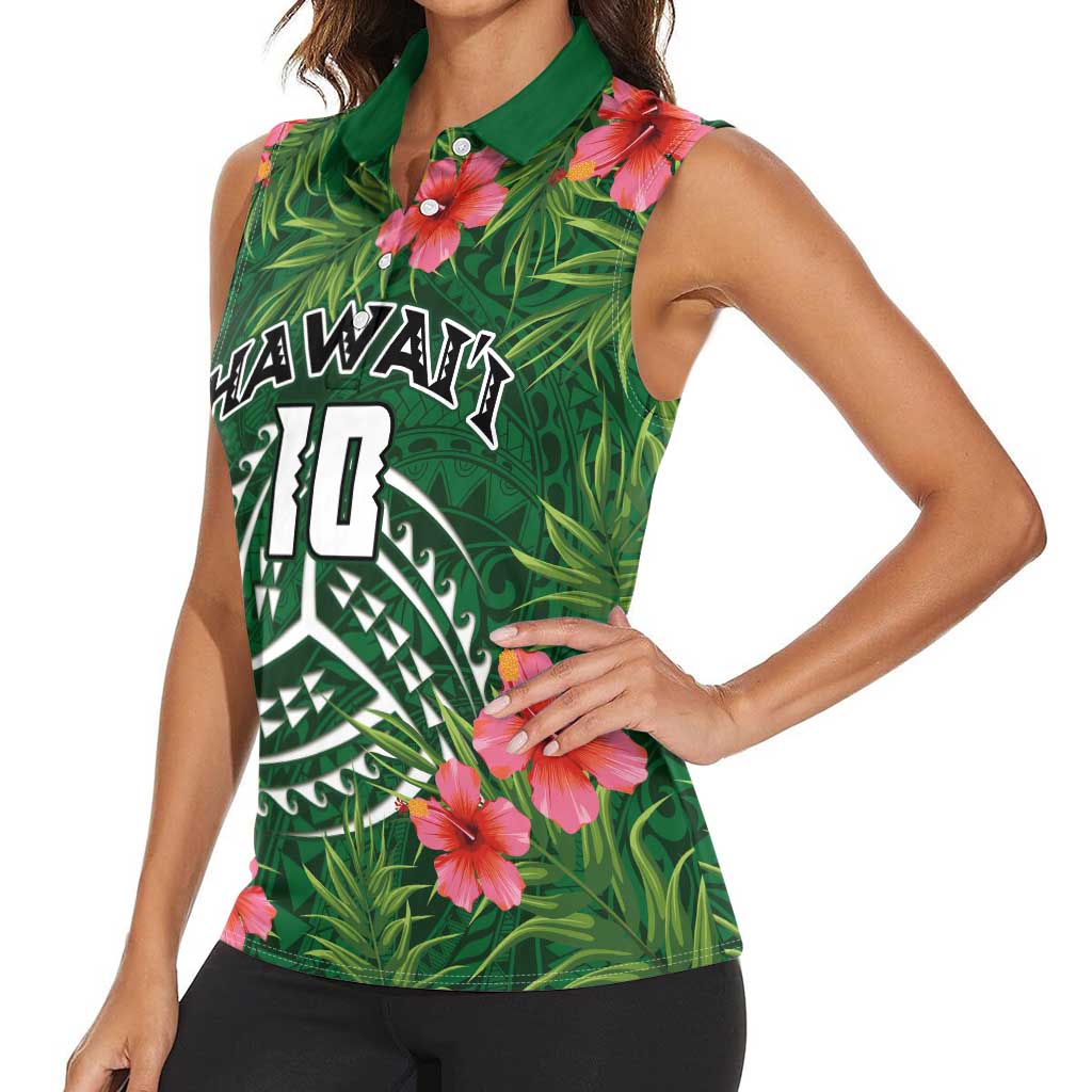 Custom Hawaii Volleyball Women Sleeveless Polo Shirt Kakau Abstract and Tropical Plants Green Color - Polynesian Pride