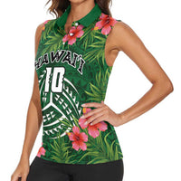 Custom Hawaii Volleyball Women Sleeveless Polo Shirt Kakau Abstract and Tropical Plants Green Color - Polynesian Pride
