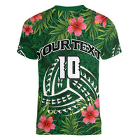 Custom Hawaii Volleyball Women V-Neck T-Shirt Kakau Abstract and Tropical Plants Green Color - Polynesian Pride