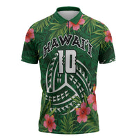 Custom Hawaii Volleyball Zipper Polo Shirt Kakau Abstract and Tropical Plants Green Color - Polynesian Pride