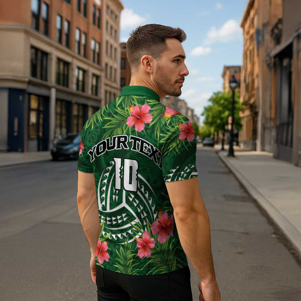 Custom Hawaii Volleyball Zipper Polo Shirt Kakau Abstract and Tropical Plants Green Color - Polynesian Pride