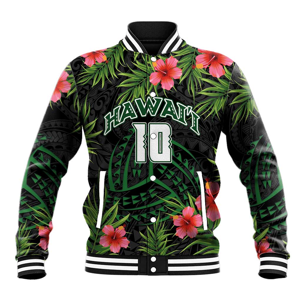 Custom Hawaii Volleyball Baseball Jacket Kakau Abstract and Tropical Plants Black Color - Polynesian Pride
