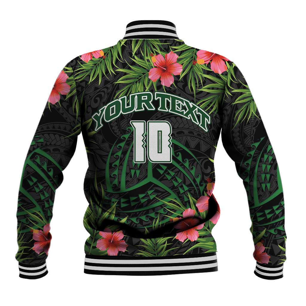Custom Hawaii Volleyball Baseball Jacket Kakau Abstract and Tropical Plants Black Color - Polynesian Pride