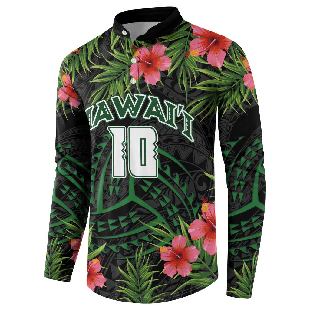 Custom Hawaii Volleyball Button Sweatshirt Kakau Abstract and Tropical Plants Black Color - Polynesian Pride