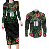Custom Hawaii Volleyball Couples Matching Long Sleeve Bodycon Dress and Long Sleeve Button Shirt Kakau Abstract and Tropical Plants Black Color - Polynesian Pride