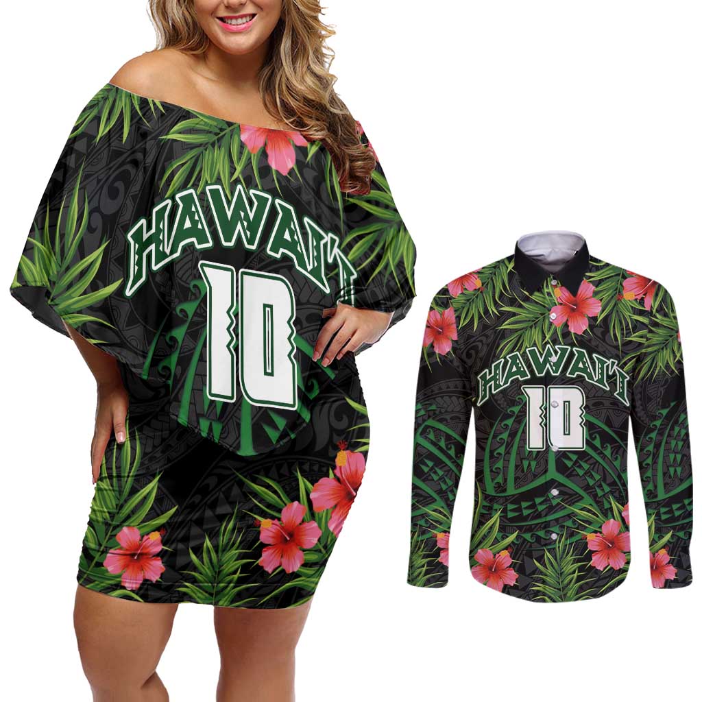 Custom Hawaii Volleyball Couples Matching Off Shoulder Short Dress and Long Sleeve Button Shirt Kakau Abstract and Tropical Plants Black Color - Polynesian Pride