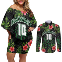 Custom Hawaii Volleyball Couples Matching Off Shoulder Short Dress and Long Sleeve Button Shirt Kakau Abstract and Tropical Plants Black Color - Polynesian Pride