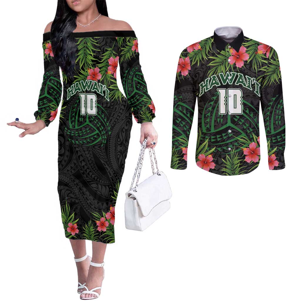 Custom Hawaii Volleyball Couples Matching Off The Shoulder Long Sleeve Dress and Long Sleeve Button Shirt Kakau Abstract and Tropical Plants Black Color - Polynesian Pride