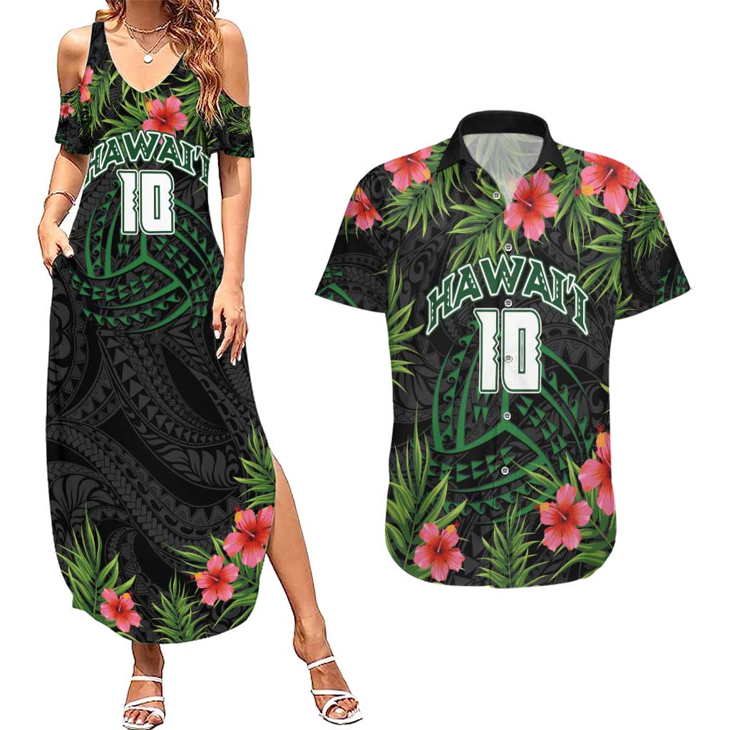 Custom Hawaii Volleyball Couples Matching Summer Maxi Dress and Hawaiian Shirt Kakau Abstract and Tropical Plants Black Color - Polynesian Pride