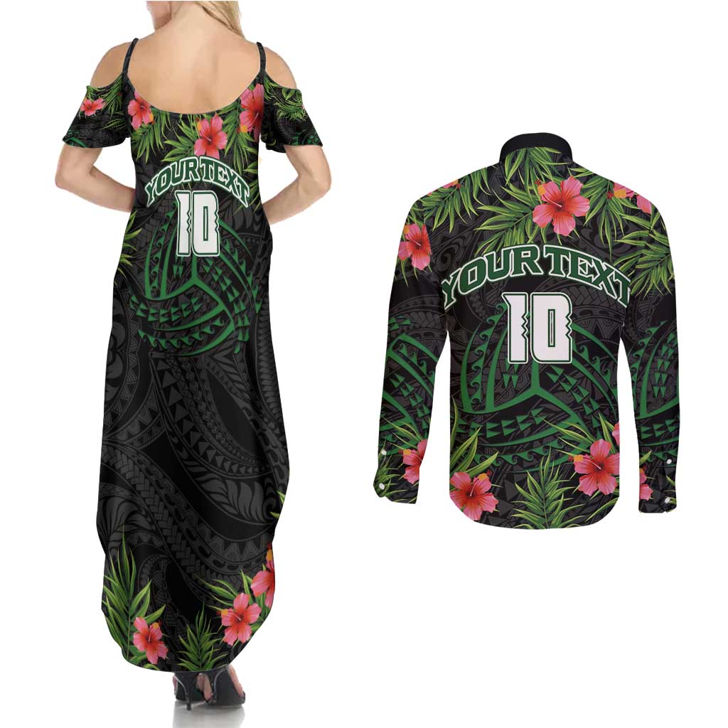 Custom Hawaii Volleyball Couples Matching Summer Maxi Dress and Long Sleeve Button Shirt Kakau Abstract and Tropical Plants Black Color - Polynesian Pride