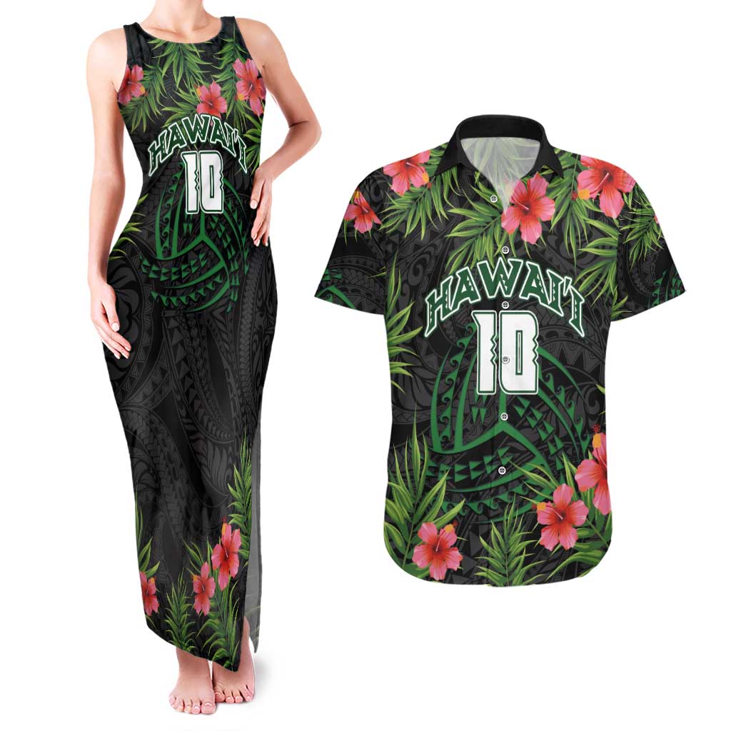 Custom Hawaii Volleyball Couples Matching Tank Maxi Dress and Hawaiian Shirt Kakau Abstract and Tropical Plants Black Color - Polynesian Pride