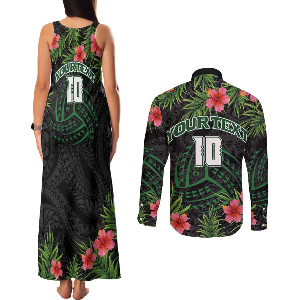Custom Hawaii Volleyball Couples Matching Tank Maxi Dress and Long Sleeve Button Shirt Kakau Abstract and Tropical Plants Black Color - Polynesian Pride