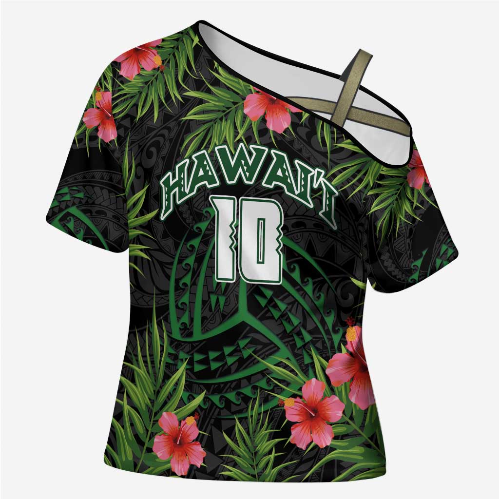 Custom Hawaii Volleyball Cross Shoulder Shirt Kakau Abstract and Tropical Plants Black Color - Polynesian Pride