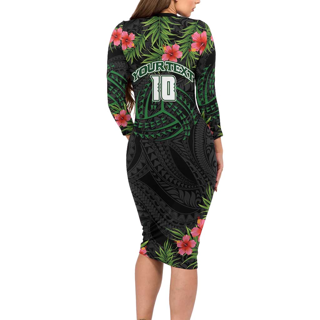 Custom Hawaii Volleyball Family Matching Long Sleeve Bodycon Dress and Hawaiian Shirt Kakau Abstract and Tropical Plants Black Color - Polynesian Pride