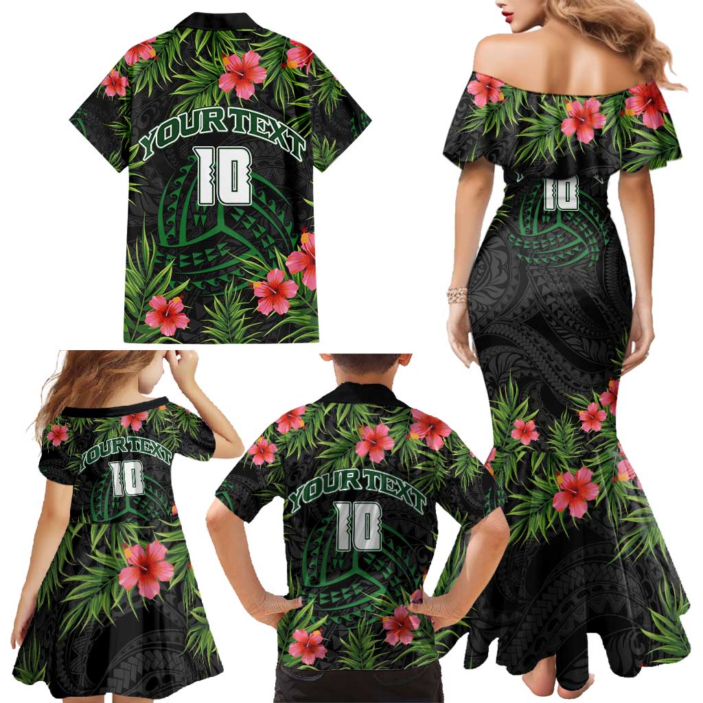 Custom Hawaii Volleyball Family Matching Mermaid Dress and Hawaiian Shirt Kakau Abstract and Tropical Plants Black Color - Polynesian Pride