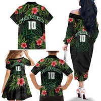 Custom Hawaii Volleyball Family Matching Off The Shoulder Long Sleeve Dress and Hawaiian Shirt Kakau Abstract and Tropical Plants Black Color - Polynesian Pride