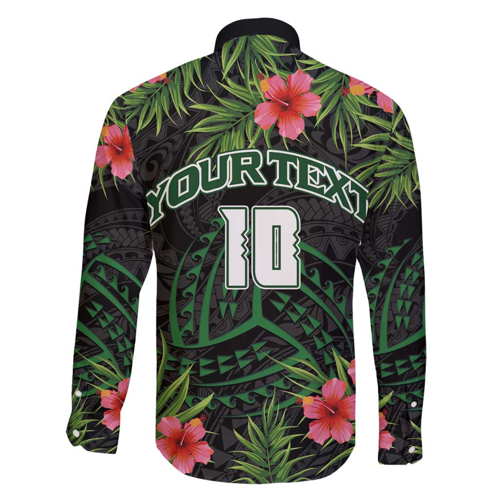 Custom Hawaii Volleyball Family Matching Off Shoulder Short Dress and Hawaiian Shirt Kakau Abstract and Tropical Plants Black Color - Polynesian Pride