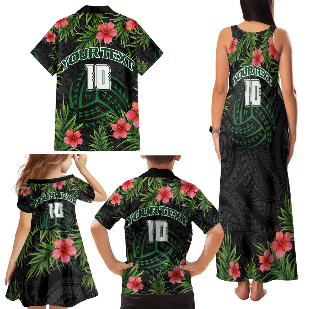 Custom Hawaii Volleyball Family Matching Tank Maxi Dress and Hawaiian Shirt Kakau Abstract and Tropical Plants Black Color - Polynesian Pride