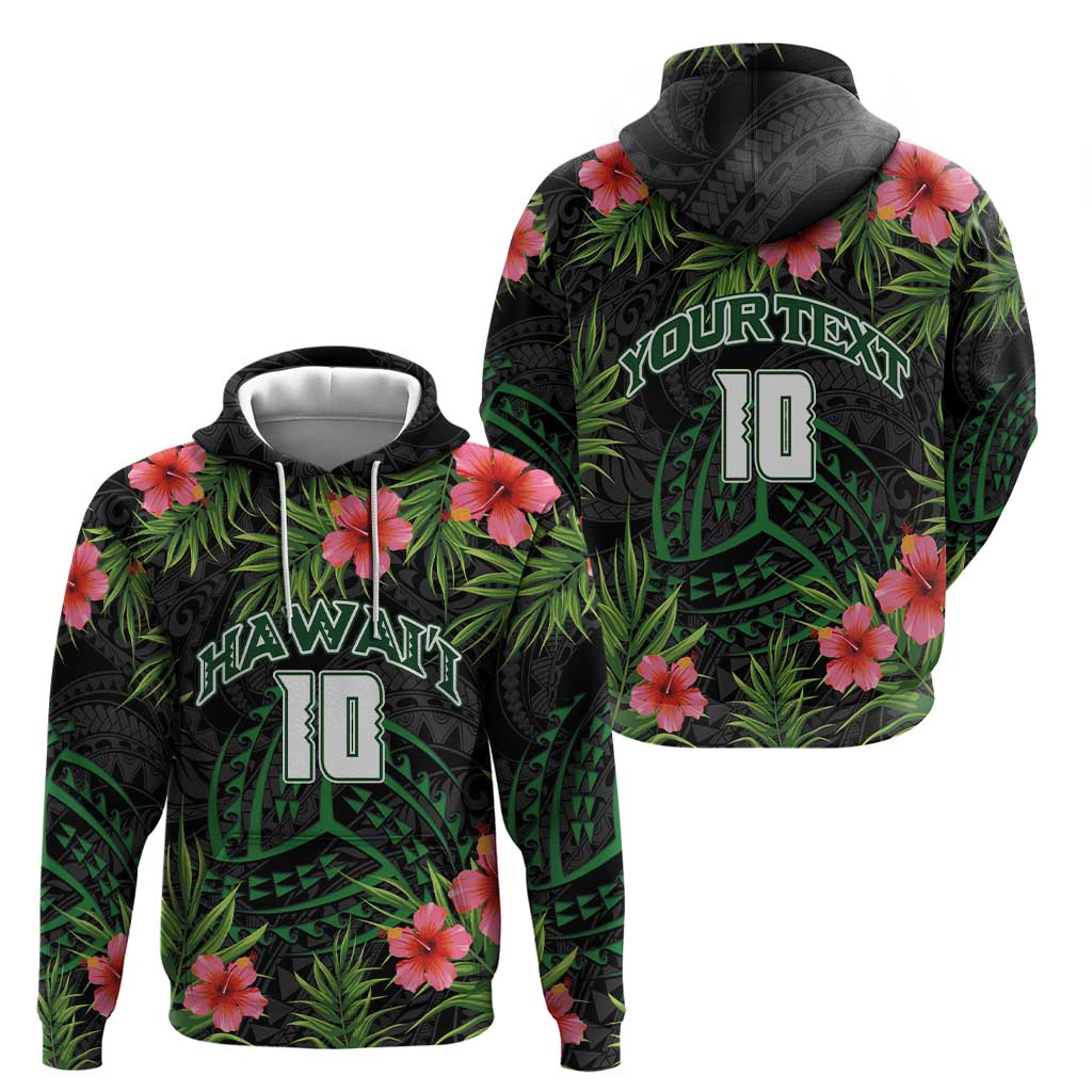 Custom Hawaii Volleyball Hoodie Kakau Abstract and Tropical Plants Black Color - Polynesian Pride