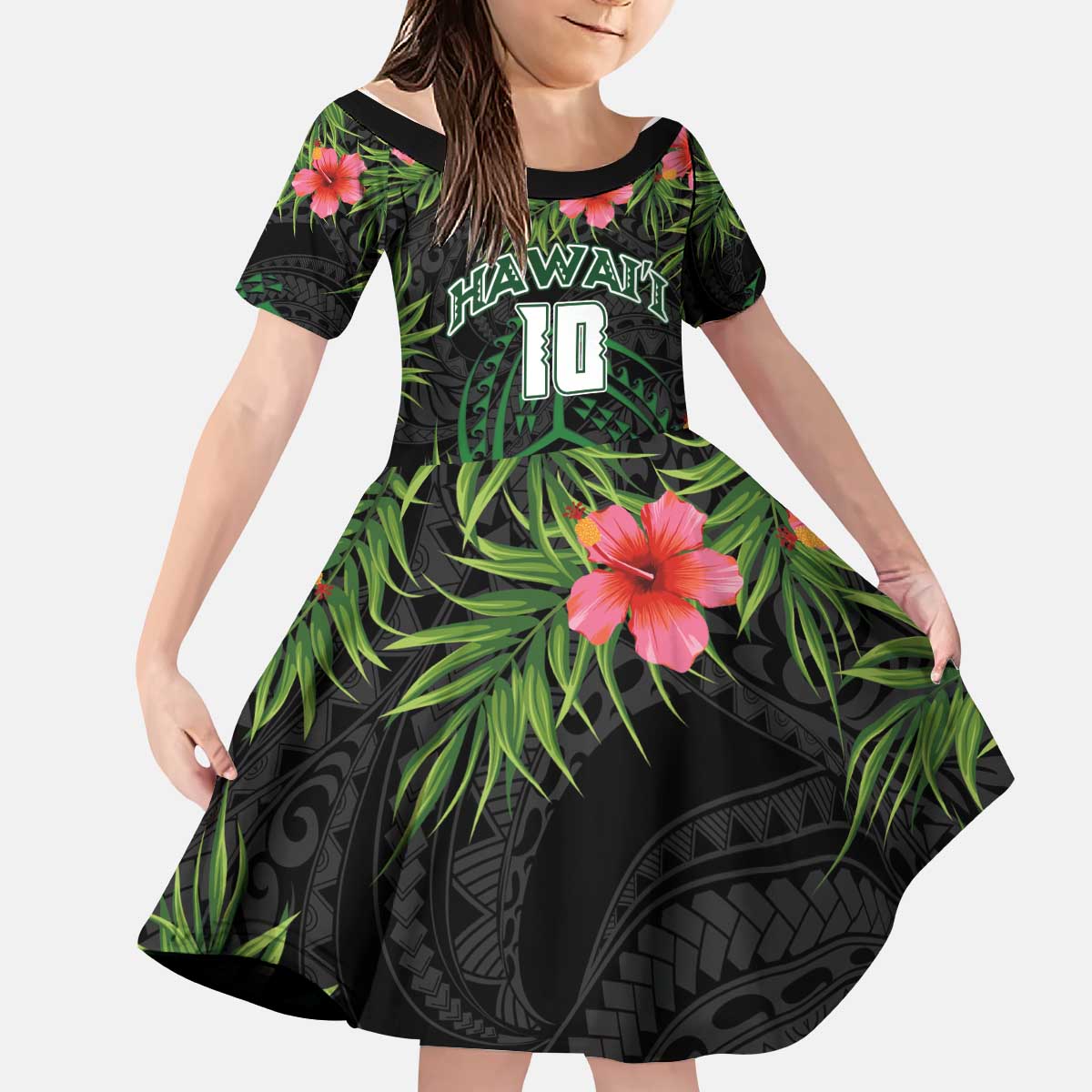 Custom Hawaii Volleyball Kid Short Sleeve Dress Kakau Abstract and Tropical Plants Black Color - Polynesian Pride