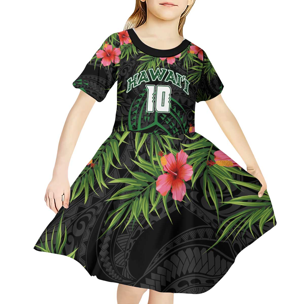 Custom Hawaii Volleyball Kid Short Sleeve Dress Kakau Abstract and Tropical Plants Black Color - Polynesian Pride