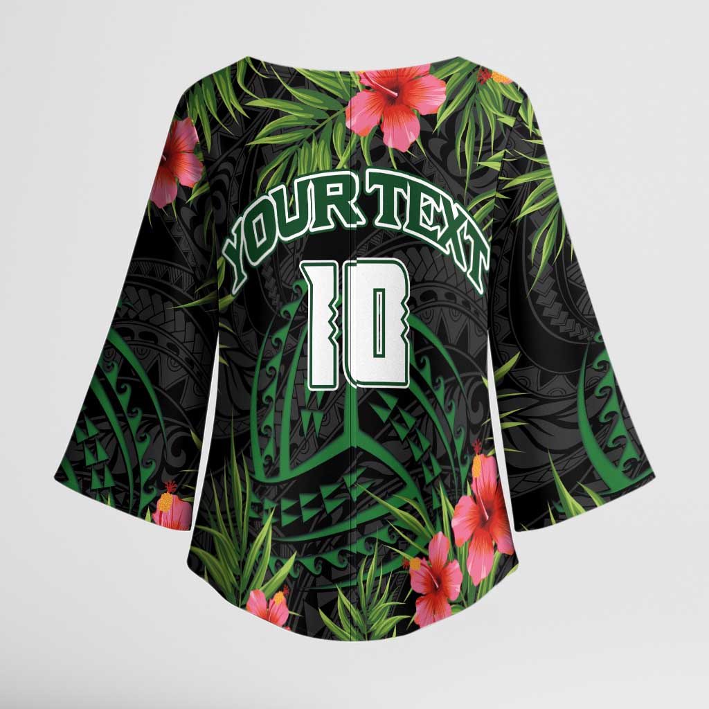 Custom Hawaii Volleyball Kimono Sleeve Blouse Kakau Abstract and Tropical Plants Black Color - Polynesian Pride