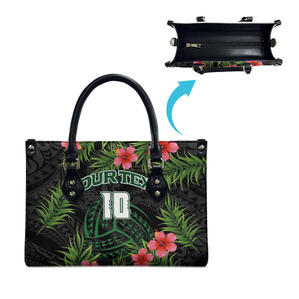 Custom Hawaii Volleyball Leather Bag Kakau Abstract and Tropical Plants Black Color - Polynesian Pride