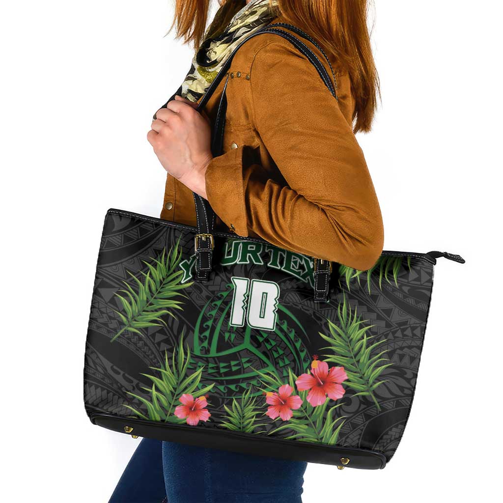 Custom Hawaii Volleyball Leather Tote Bag Kakau Abstract and Tropical Plants Black Color - Polynesian Pride