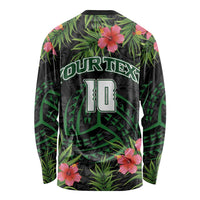 Custom Hawaii Volleyball Long Sleeve Shirt Kakau Abstract and Tropical Plants Black Color - Polynesian Pride