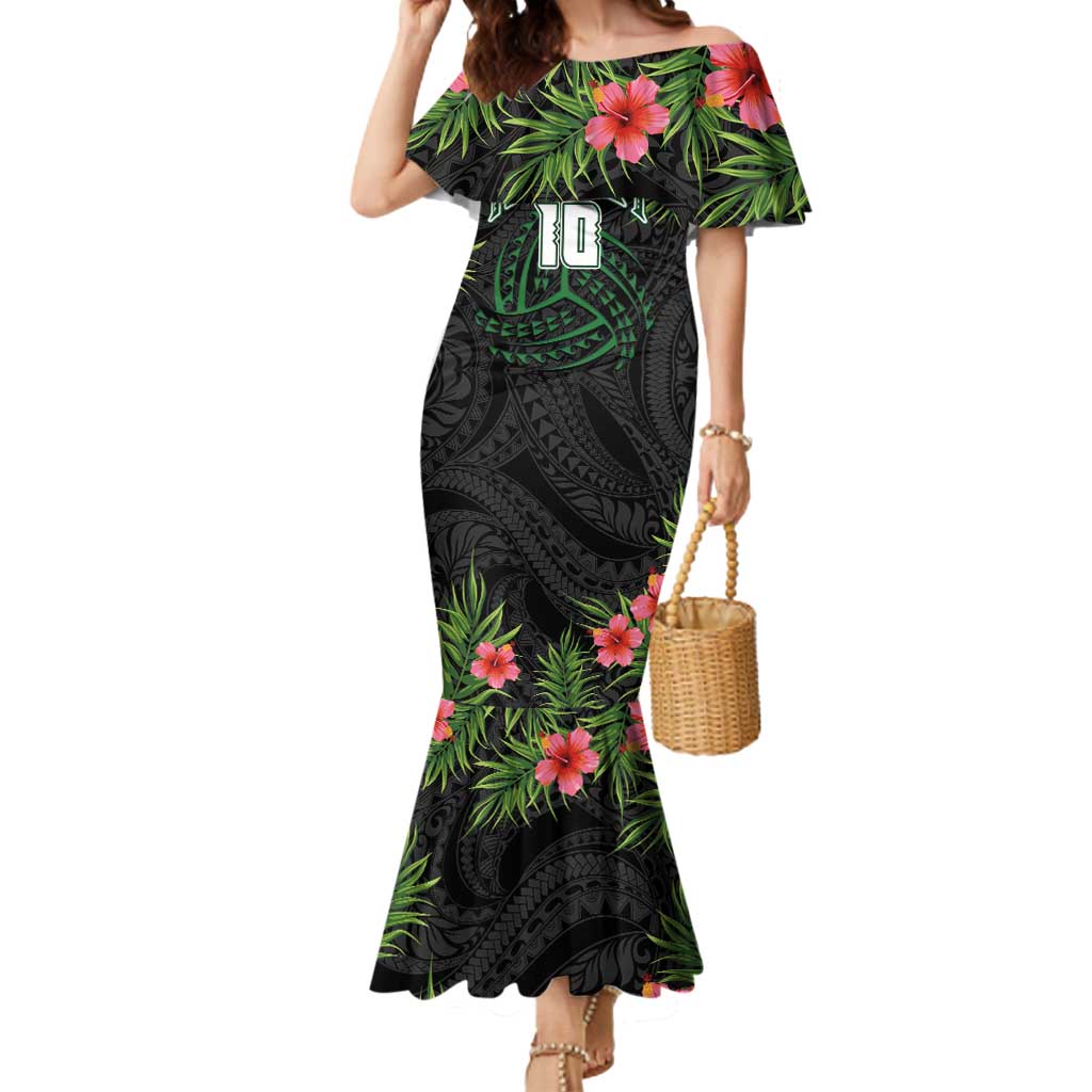 Custom Hawaii Volleyball Mermaid Dress Kakau Abstract and Tropical Plants Black Color - Polynesian Pride
