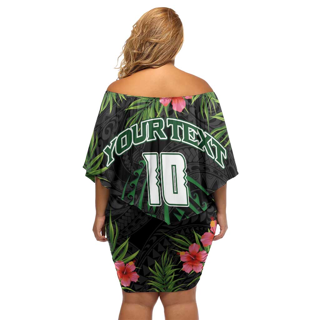 Custom Hawaii Volleyball Off Shoulder Short Dress Kakau Abstract and Tropical Plants Black Color - Polynesian Pride