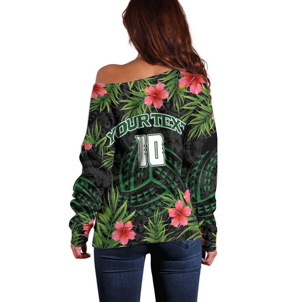 Custom Hawaii Volleyball Off Shoulder Sweater Kakau Abstract and Tropical Plants Black Color - Polynesian Pride