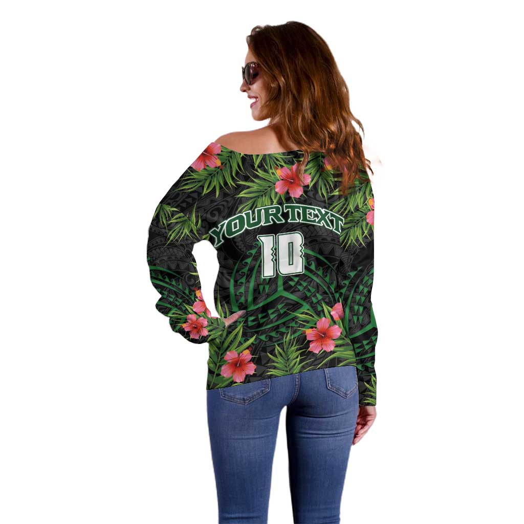 Custom Hawaii Volleyball Off Shoulder Sweater Kakau Abstract and Tropical Plants Black Color - Polynesian Pride