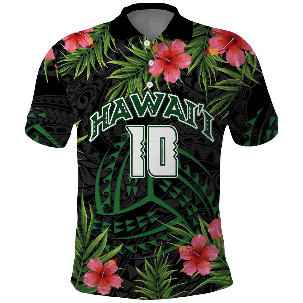 Custom Hawaii Volleyball Polo Shirt Kakau Abstract and Tropical Plants Black Color - Polynesian Pride