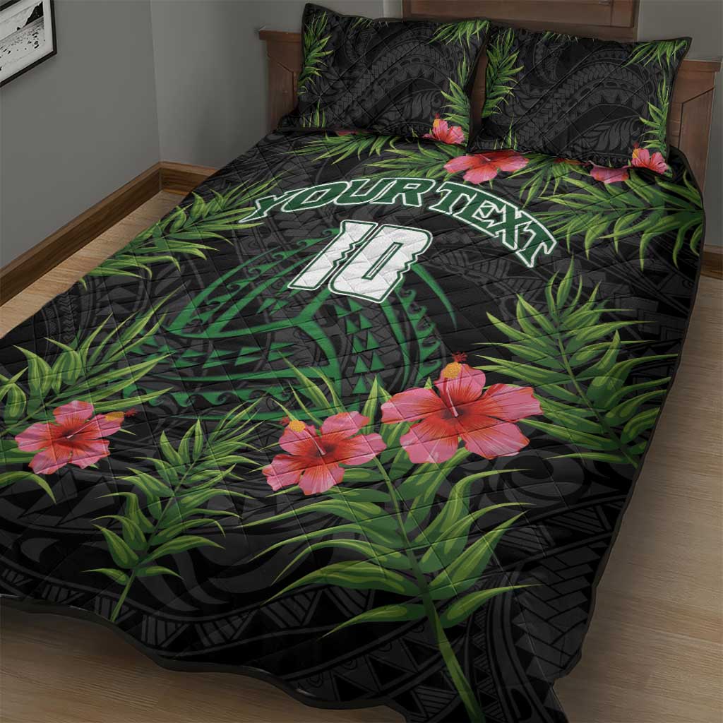 Custom Hawaii Volleyball Quilt Bed Set Kakau Abstract and Tropical Plants Black Color - Polynesian Pride