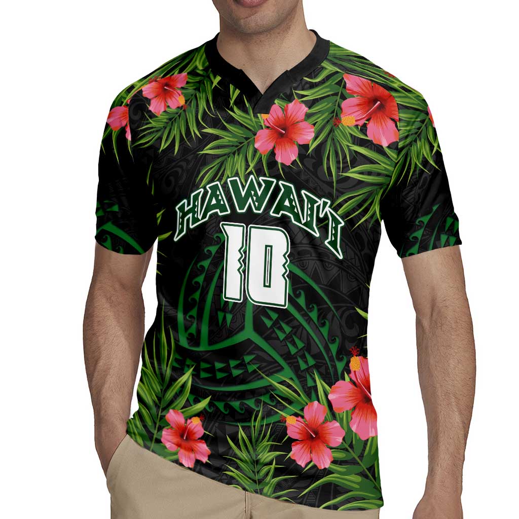Custom Hawaii Volleyball Rugby Jersey Kakau Abstract and Tropical Plants Black Color - Polynesian Pride