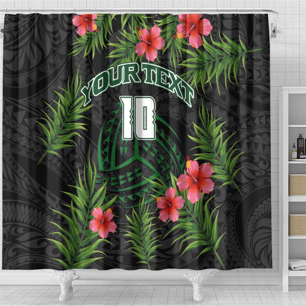 Custom Hawaii Volleyball Shower Curtain Kakau Abstract and Tropical Plants Black Color - Polynesian Pride